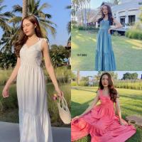 ราคา MF15158 เดรสยาวเย็นย่นอก ไหล่ผูกโบว์เล็กๆน่ารักๆ ซิปหลัง (7177686619)