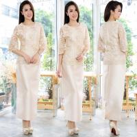 ราคา ชุดไทยประยุกต์ ชุดไปงาน ชุดเจ้าภาพบ่าวสาว ชุด 2 ชิ้น เสื้อลูกไม้ปักดิ้นทองเลื่อม + กระโปรงทรงสอบผ่าหลัง มี size M-4XL (10970141200)