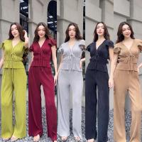 ราคา ชุดเข้าเซ็ต ผ้าอัดพลีท เสื้อ+กางเกง รุ่นแขนระบาย (Bow) (7016909157)