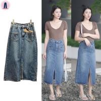 ราคา กระโปรงยีนส์เอวสูงทรงสอบผ่าหน้าสีฟอกสนิม #6583 jeansdede nina (18949721717)