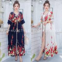 ราคา แมกซี่เดรส เดรสยาว เดรสคลุม สไตล์โบฮีเมี่ยน คอวี แขนกระดิ่ง ลายดอกแดงเหลือง กระดุมผ่าหน้า ชายระบาย มีเชือกแต่งพู่ผูกเอว (5113916836)