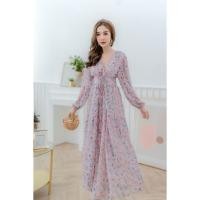 ราคา พร้อมส่ง แมกซี่เดรส ชุดสาวอวบ Plus Size ผ้าชีฟองลายดอก ถักเชือกใต้อก รอบอก 38"-42" (2964994576)