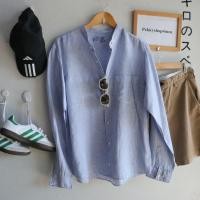 ราคา Used Muji Japan Detail : linen premium ลายขาวฟ้า คอจีน (24429465174)