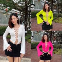 ราคา เสื้อครอปแขนยาวผูกหน้า โชว์อก งานป้าย เสื้อครอปแขนยาวผูกเชือกไขว้โชว์อก BYKIM เสื้อสายฝอ เสื้อนีออนสานเชือกโชว์อกcow boy (4365132583)