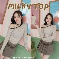 ราคา ppitchy.shop Milky Top - เสื้อแขนยาวปาดไหล่ แต่งเชือกผูกคอ (25781896559)