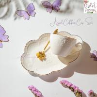 ราคา Violet Flamingo White Angel Coffee Cup Set ชุดแก้วกาแฟพร้อมจานรอง จานขนมขนาด 21 cm. จานเซรามิคสีขาวขอบทอง (24418824467)