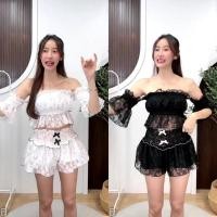 ราคา เซ็ทเสื้อเกาะอกต่อแขน+กางเกงเอวสม็อคยางยืด ผ้าลูกไม้ (29384640661)