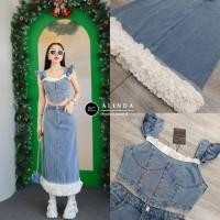 ราคา ALINDA CLOSET ชุดเซ็ทเสื้อครอปท็อปยีนส์ฟอก+กระโปรงยีนส์ฟอกแต่งชายลูกไม้สีขาว (26975015887)