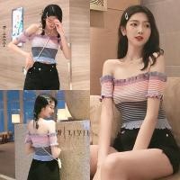 ราคา ราคาถูกที่สุดเสื้อครอปไหมพรมเปิดไหล่ แขนสั้น รุ่นลายริ้วผสมหลากสี (24124944969)