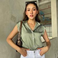 ราคา เสื้อเชิ้ตแขนกุดสีเขียวผ้าซาติน (17525746270)