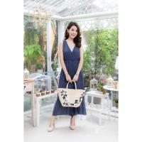ราคา Rayfashionmall พร้อมส่ง เดรสยาว ผ้าฟอง รุ่นอัดพลีท สีน้ำเงิน (1094871222)