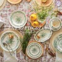 ราคา Violet Flamingo จานชามเซรามิครุ่น Emerald เกรซ จานสีขาวลายดอกไม้สีเขียวเข้มสไตล์วินเทจ (25032140762)