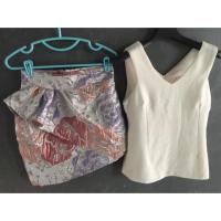 ราคา ชุดเซ็ท 2 ชิ้น เสื้อแขนกุดสีขาว กระโปรงผ้าทอ ลายดอก ซิปหลัง งานป้ายบน มือ2 สภาพดี ป้ายMuse (2088728018)