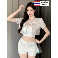 ราคา เสื้อคุมแขนสั้น ชมพู สีดำ ลายสก็อต ผูกโบว์หน้า เสื้อครอปปาดไหล่ แอปริคอท น่ารักๆ สไตล์เกาหลี (29178055734)