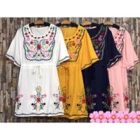 ราคา เสื้อผ้าสาวอวบ มินิเดรสคอกบมแขนสั้น งานปักลายดอกไม้สวยๆสไตล์สาวโบฮีเมียน ใส่ได้หลายโอกาส (1827226194)