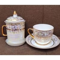 ราคา แก้วมัคพร้อมแก้วกาแฟมุกเขียนน้ำทองลายพุดตาลเกรดพิเศษ (23182346135)