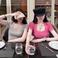 ราคา Lady_Sakura✨M228/AI.HK#เสื้อไหมพรมคอเหลี่ยมแขนสั้น#เสื้อครอปแฟชั่นสไตล์เกาหลีแต่งร่องเล็ก (11498054236)