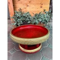 ราคา ขันโตกไม้ พานไม้ 22 24 นิ้ว ลายหนอน แดงทองสด รุ่นทองเยอะ เดินเส้นติดกระจก ขันโตกสีแดง พาน พานโตก ลายไทย (10613801247)