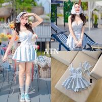 ราคา Set 3 ชิ้น มินิเดรสลายสก็อตสีฟ้าพาสเทลแต่งลูกไม้ หน้าอกมีฟองน้ำ+กางเกงขาสั้น (มีกระเป๋าข้าง+ผ้าโพกหัวลายเดียวกับชุด (29889538603)