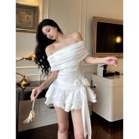 ราคา เดรสผูกโบว์ไหล่ผ้าไหม2ชั้น (24390280498)