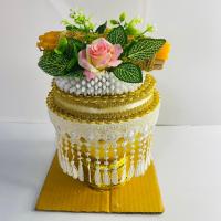 ราคา ชุดพานขอขมาพร้อมเทียนแพประดับผ้าสีทอง เทียนแพขมา พานขอขมา (27107118469)