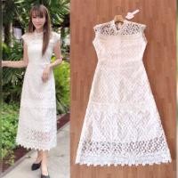 ราคา เดรสลูกไม้ขาว!!! M-L Maxi Dress เดรสสีขาวแขนกุดผ้าปักลูกไม้ งานป้าย Love Love (3118006688)