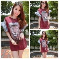 ราคา มินิเดรสลายสิงโต+ลายเสื้อ แขนฟู ใส่ได้แบบ 2in1 ผ้าคอตตอลใส่สบาย (4816787622)