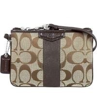 ราคา COACH F51158 แท้ 100%  SIGNATURE STRIPE SMALL WRISTLETCOLOR : SV/KHAKI/MAHOGANY ผ้าลายสีน้ำตาล (1491139717)