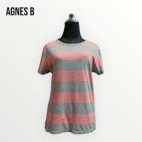 ราคา Agnes B เสื้อยืดคอกลมลายทางสีชมพูเทาผ้าคอตตอล (24908624796)