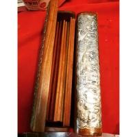 ราคา #กล่องเก็บตะเกียบ เก็บช้อนส้อม ไม้สัก #ติดแผ่นเงินแกะรูปช้าง (715942503)