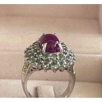 ราคา แหวนเงินแท้ 925 พลอยทับทิม (ไม่ผ่านการเผา) หลังเบี้ย 6.81 กะรัต แซฟไฟร์สีเขียวธรรมชาติ และแซฟไฟร์สีเหลืองทรงกลม (29603250594)