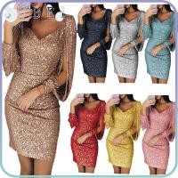 ราคา Sukaa ผู้หญิง Bodycon ชุดเดรสแฟชั่นแขนยาวคอวี Glitter Midi Party Dress (29565545046)