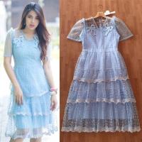 ราคา เดรสลูกไม้ฟ้ารับวันแม่!!! L-6XL Mini Dress เดรสสีฟ้าปักลูกไม้แต่งโบว์กระโปรงระบายชั้นๆ งานป้าย Love Love (25872749380)