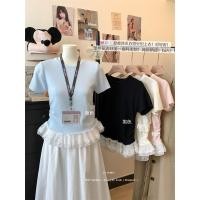 ราคา ลูกไม้เย็บ Slim สั้นเสื้อยืดผู้หญิงฤดูร้อนสาวหวานรอบคอ All-Match Slimmer ดู Kn (26080186380)