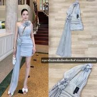 ราคา งานป้าย Stylista เดรสออกงานสีเทา เดรสสั้นแต่งไหล่เฉียงมีชายยาว ติดดอกไม้ ทรงสวยเรียบหรู (27784805697)