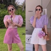 ราคา MF12982 Set เสื้อลายสก็อต แขนพอง อกป้าย มาพร้อมกางเกงขาสั้น แต่งกระดุมหน้า เสื้อผ้าคอตตอนทอ กางเกงผ้าซาร่า ทรงเก๋ๆ น (7944050404)