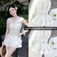 ราคา งานป้าย KULIST เซต2ชิ้น เสื้อคอวีแขนกุดอัดพลีทซีทรูอกแต่งลูกไม้ กระโปรงกางเกงทรงสวยเข้าเซต (40915318708)