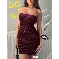 ราคา Sexy ชุดเดรส เกาะอก Dress ผู้หญิง รัดรูป สีไวน์แดง ลายสก็อต ประดับเพรช พลอยเทียม (24165456967)