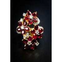 ราคา (R97 ชื่อแบบ "ป๊อปปี้") : แหวนทองคำทรงช่อดอกไม้ ประดับพลอยทับทิมสยามและเพชรแท้ (3964721236)