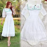 ราคา เดรสขาวออกงาน!!! M-4XL Maxi Dress เดรสสีขาวผ้าปักแขนศอกแต่งปกไหล่พิมพ์ลายดอกไม้ งานป้าย DNY (24912028047)
