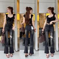 ราคา รหัสM86001 กางเกงยีนส์ขาม้าดำฟอก แต่งขาดเข่า1ข้าง เอวกลาง ผ้ายืด งานป้ายVintage แท้ Size S-XL (43915519284)