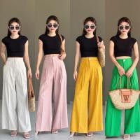 ราคา กางเกงลินินขายาวเอวสูงติดกะดุมดีเทลจีบหน้าด้านหลังเอวสม็อคทรงเรียบหรู♾️ (25565489600)