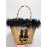 ราคา กระเป๋าสานกระจูด แต่งขนฟรุ้งฟริ้ง พร้อมลายแมวดำ (28882945697)