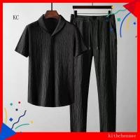 ราคา [เคซี] 2ชิ้น/เซ็ตเปิดลงปกเอวยางยืดจีบชุดลําลองเสื้อแขนสั้น เชือกรูด กางเกงขายาวชุดชายเสื้อผ้า (41467141657)