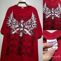 ราคา เสื้อยืดลายมันสกรีนเต็มหน้า ผ้าสีแดงเข้ม มือสอง size 2XL (26837618954)