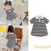 ราคา Tomybaby-kids Girls Knit Dress Summer Striped Bear Patch Lapel Neck Short Sleeve A-Line Dresses (29083375591)