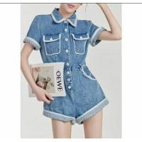 ราคา พร้อมส่ง จั้มยีนส์ขาสั้ย แต่งขอบลูกไม้ (29679018747)