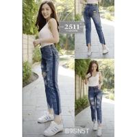 ราคา กางเกงยีนส์เอวสูง แต่งขาดหน้าแถบข้าง (23952450213)