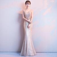 ราคา ชุดราตรี ชุดออกงาน ชุดไปงานแต่งงานสีทอง เดรสยาวแขนกุดทรงหางปลา ผ้ากากเพชร สวยหรูแพง (4652714741)