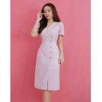 ราคา เดรสออกงานสีชมพูสวยหรูดีไซน์ระดับไฮเอนด์ยาวทรงเอคอวีแขนสั้นสําหรับงานแต่งงานและทํางานเอวแบน - ลักซ์ ว (25841958836)